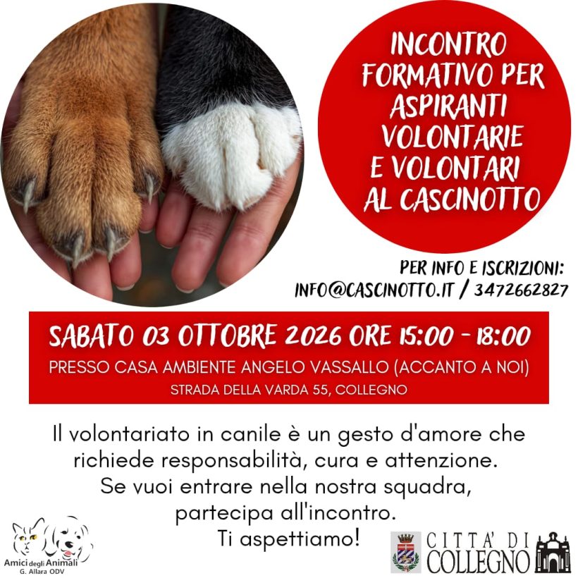 Nuovo incontro formativo per diventare volontario al Cascinotto. 3 ottobre 2026! Nuovo incontro formativo per diventare volontario al Cascinotto. 3 ottobre 2026!